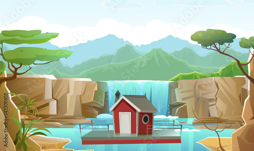 Floating house. Near waterfall. Dwelling with small courtyard on water. illustration vector.