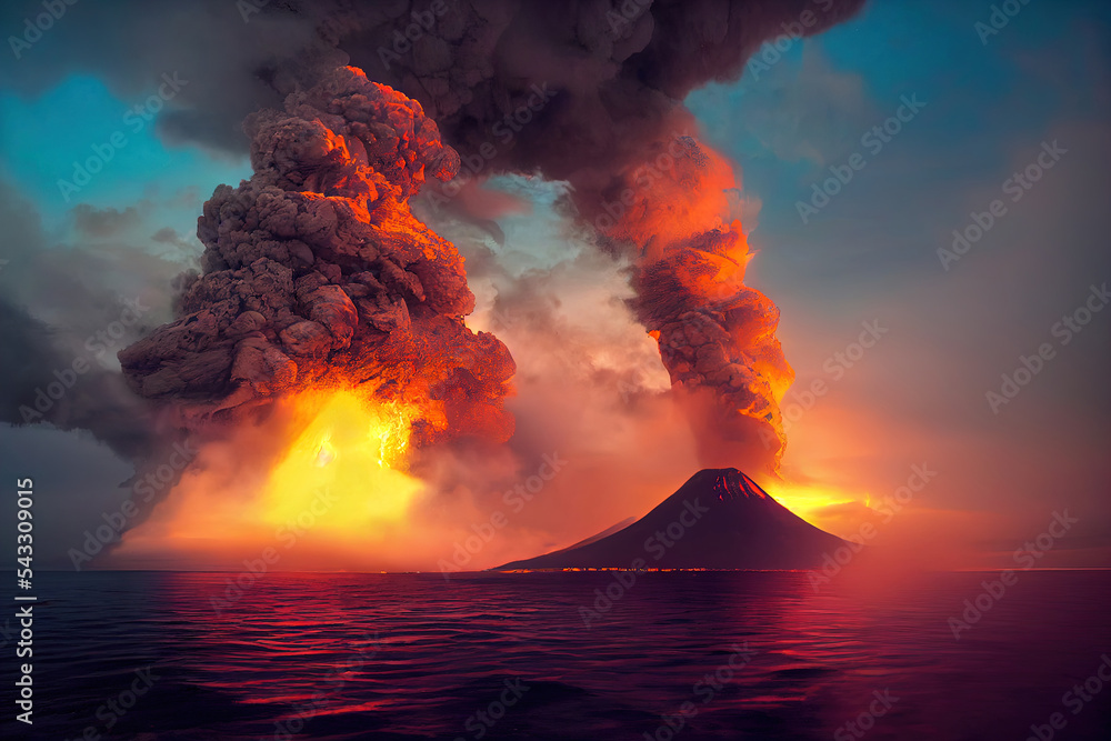 Massive Volcano Eruption. A large volcano erupting hot lava and gases
