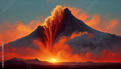 Massive Volcano Eruption. A large volcano erupting hot lava and gases into the atmosphere. 3D Illustration.