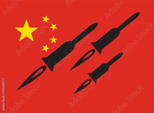 Missile on background of China. Concept Chinese ballistic missile test. Metaphor for use of nuclear weapons. Nuclear weapons of People's Republic of China. 