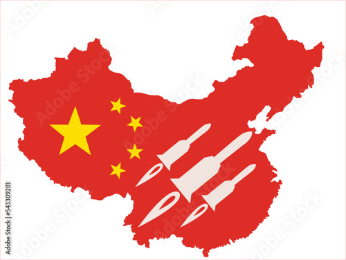 Missile on background of China. Concept Chinese ballistic missile test. Metaphor for use of nuclear weapons. Nuclear weapons of People's Republic of China. 