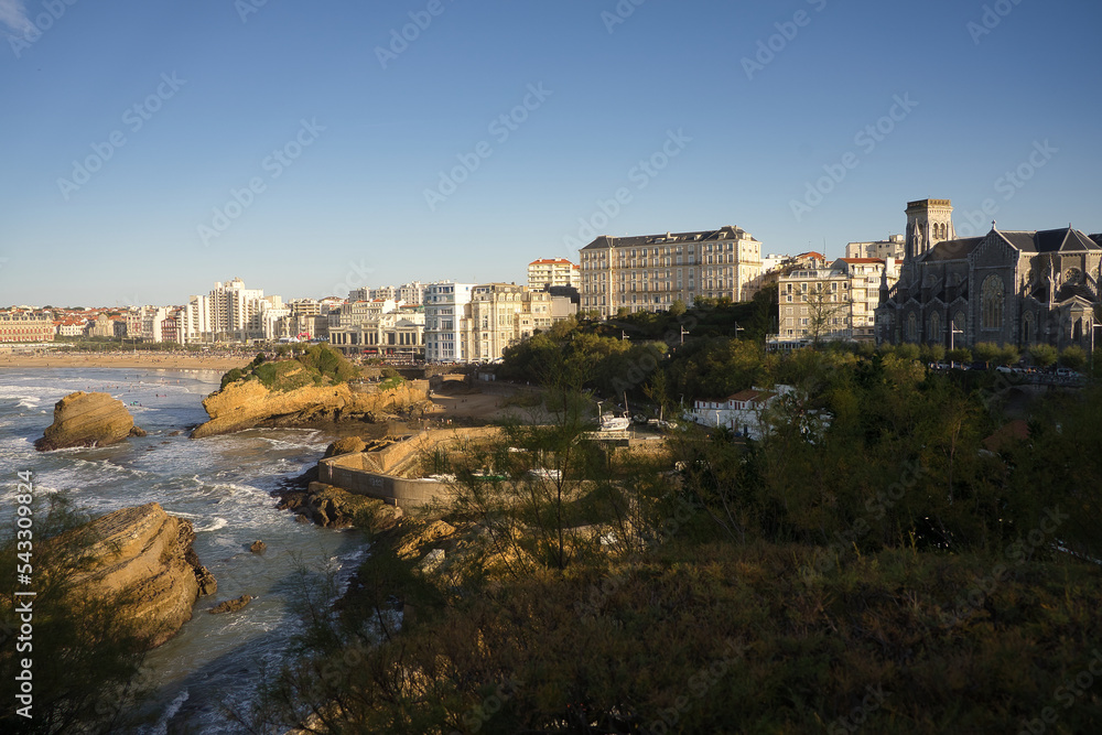 Panoramic view of the coastal infrastructure in Biarritz