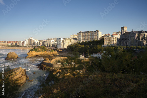 Panoramic view of the coastal infrastructure in Biarritz