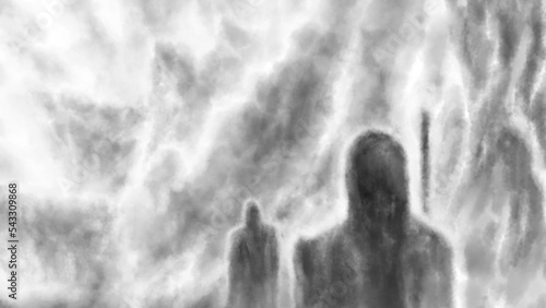 Two people walking in mountains. Dead lands spooky illustration. Horror fantasy genre. Dark picture from nightmares. Hell visions. Hazy stone landscape. Coal noise effect. Black and white background.