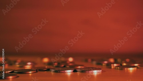 Growth Money investiment concept. Banner Save money. Business prosperity and asset management. Coins on table, copy space for text. Website banner.  photo