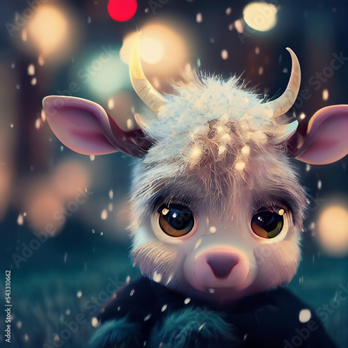 Fotografija Portrait of a cute tiny baby white Yak ,snow, winter