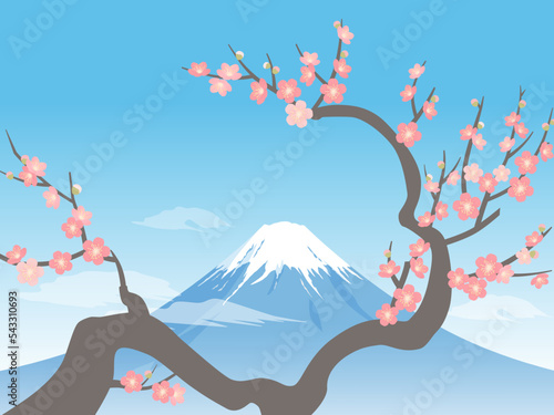 梅と富士山の青空風景_ベクターイラスト