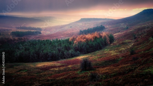 Hathersage Moor at sunset on a stormy day in the Peak District National Park, UK