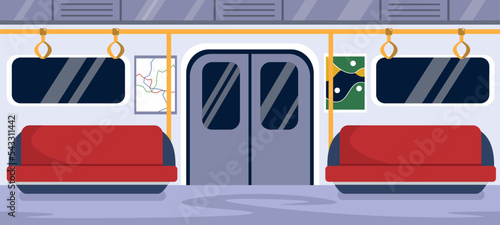 Vector illustration of modern interior subway cabins. Cartoon interior with armchairs, sliding doors, handles, posters.