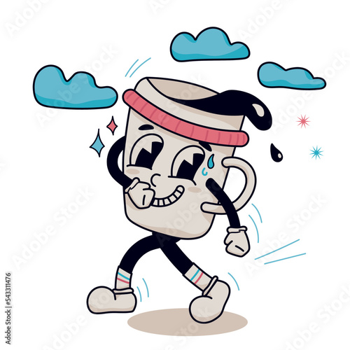 Retro cartoon espresso cup isolated on white background. Retro sticker with funny modern comic book character wearing white gloves. Doodle grunge vintage 1930s comic cartoon coffee cup. 