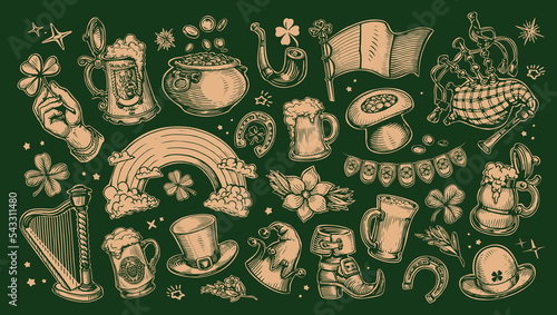 Set of St. Patricks Day symbols. Irish holiday concept. Collection vector illustrations drawn in retro style