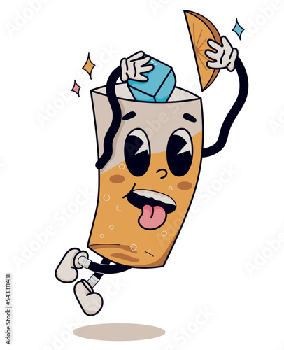 Retro cartoon groovy lemonade sticker isolated on a white background. Funny contemporary character with big eyes and wearing gloves. Grunge doodle 1930s vintage comic drink glass with lemon and ice.