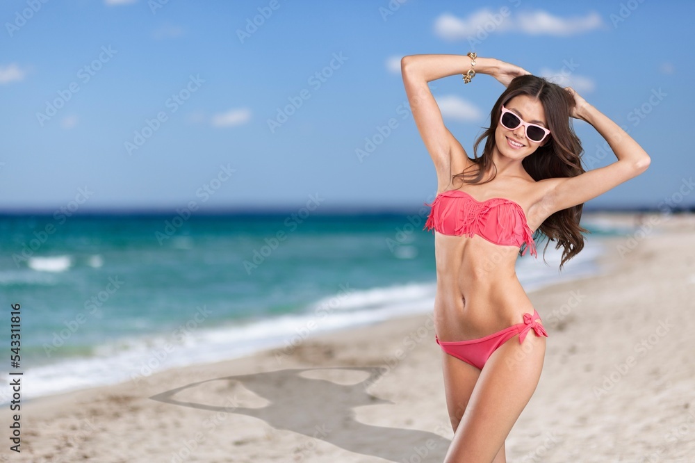 Beautiful woman in a bikini on the summer beach background.