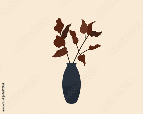Brown leaves and branches in vase, flat design drawing