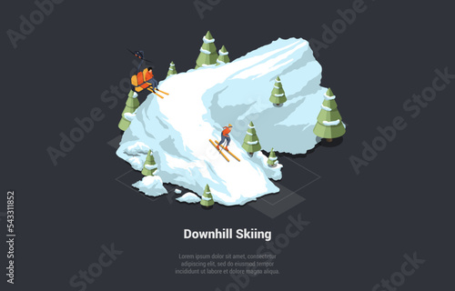 Winter Holidays, Family Vacations Concept, Sport Activity. Characters In Ski Uniform Skiing, Go Up on Ski Lift. Beautiful Snowy Winter Season, Mountains and Slopes. Isometric 3D Vector Illustration