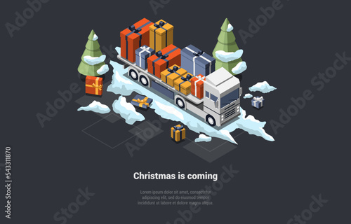Winter Holidays, Christmas And New Year. Free Shipping Delivery Santa Claus Truck With Loaded Gift Boxes. Set of Different Gift Boxes On Lorry With Bows And Ribbons. Isometric 3D Vector Illustration