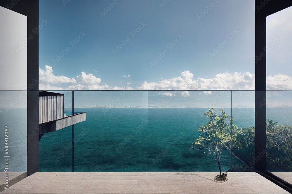 Modern architecture made of concrete on the sea. Marine minimalist landscape. House by the sea.
