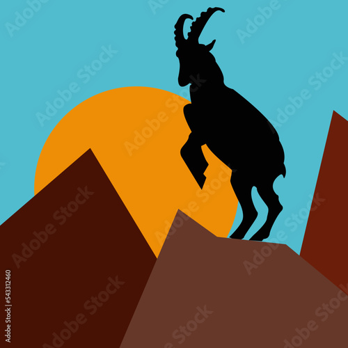 Silhouette, outline of a mountain goat, ibex in the mountains, against the background of sunrise or sunset.