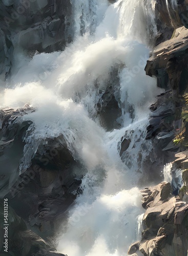 Beautiful nature waterfall landscape, digital illustration