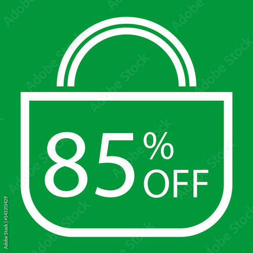 85 percent off. Green banner with shopping bag illustration.