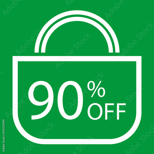 90 percent off. Green banner with shopping bag illustration.