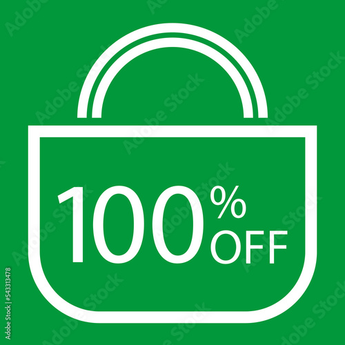 100 percent off. Green banner with shopping bag illustration.