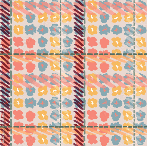 mixed pattern of simple flowers and hand drawn checkered. perfect pattern for decoration and clothing fabrics