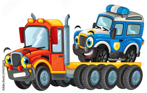 funny cartoon tow truck driver and other vehicle car isolated illustration