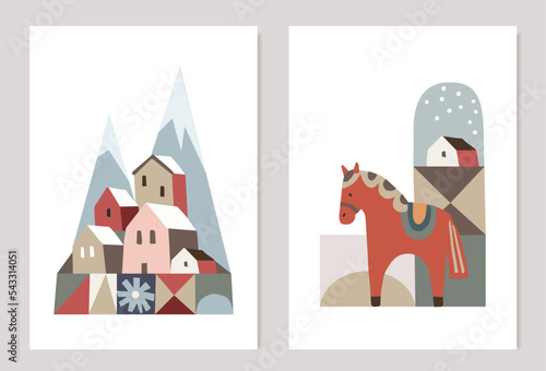 Retro Christmas greeting cards, invitations set. Winter landscape with mountains and colorful houses, village. Swedish dala horse with snow. Abstract geometric decorative elements. Vector illustration