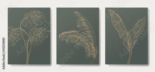 Luxury art background with tropical palm leaves and monstera in gold line art style. Botanical minimalist print set for interior design, poster, textile, wallpaper, packaging.