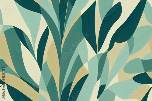 Abstract geometric, natural shapes in minimal nordic style. Modern seamless pattern with tropical leaves, geo elements for minimalist art print, textile, boho wallpaper decor. 2d illustrated