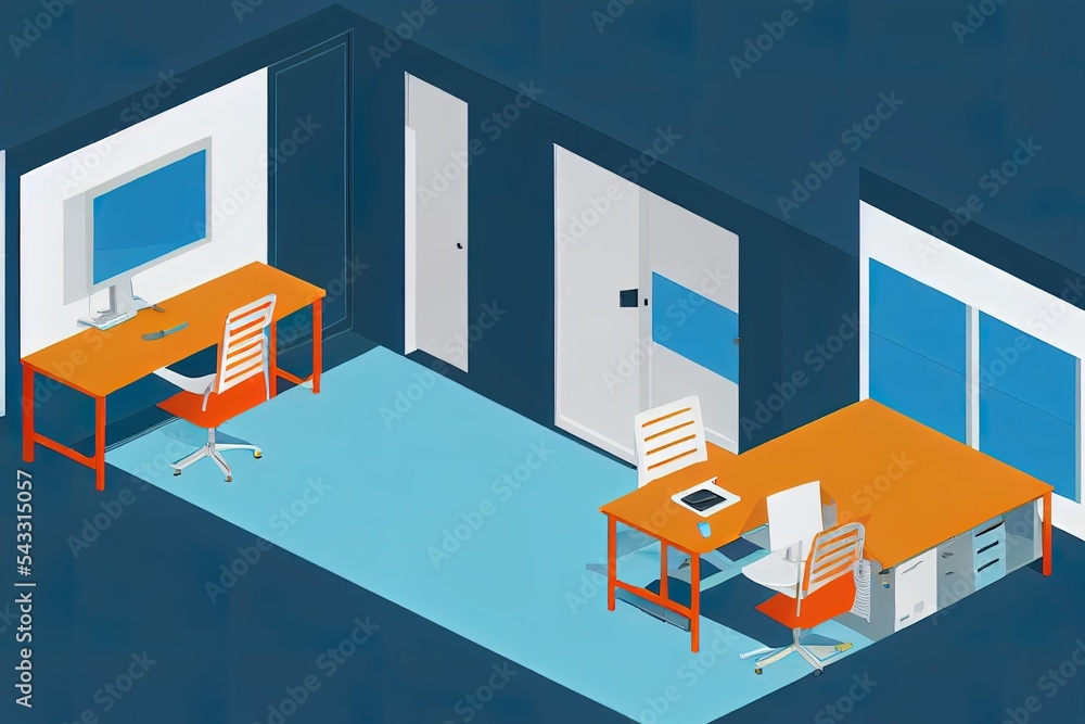 3d isometric view office room, working place. Working room with table, monitor, gallon of water, dispenser, personal computer, keyboard, door and frame. 3d illustration. Warm light. 3d isometric view office room, working place. Working room with table, monitor, gallon of water, dispenser, personal computer, keyboard, door and frame. 3d illustration. Warm light.