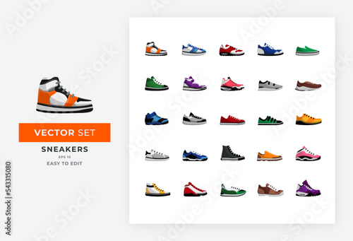 Sneaker set vector icon illustration. Fashion collection of casual shoes, sports shoes, lifestyle trendy skate shoes. Colorful easy to edit eps 10.