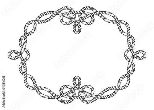 Rope frame. Nautical rope, decorative binding. Exquisite  design element. Vintage background template. Isolated black outline on white background. Vector illustration