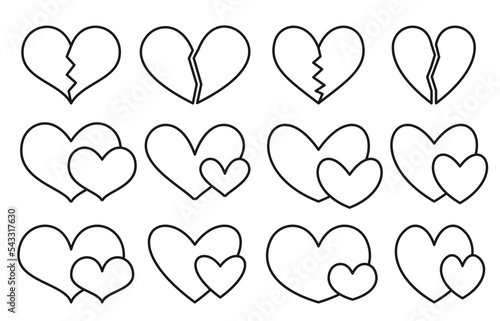 Heart black outline icon set. Different shape romantic linear love symbol. Couples of hearts in love and broken concept icons. Coloring book page with wedding or Valentine day signs isolated on white