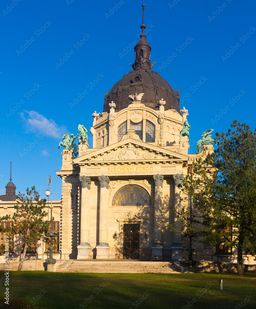 Cityscape of Budapest with building of Szechenyi thermal bath in sunny autumn day.