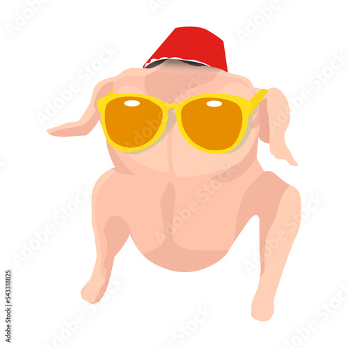 Turkey in yellow glasses and a hat, carcass, meat, poultry. Friends series, sitcom, thanksgiving, joke. Vector illustration on a white background.