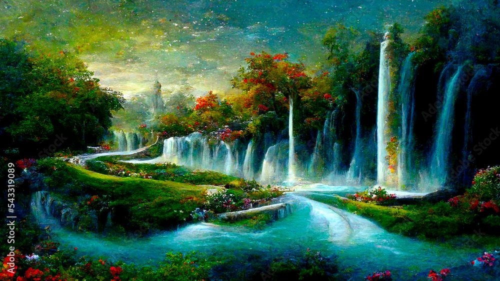 Beautiful magical landscape, paradise, eden. Lots of greenery, flowers and waterfalls. AI illustration, fantasy painting, digital art, artificial intelligence artwork
 - obrazy, fototapety, plakaty 