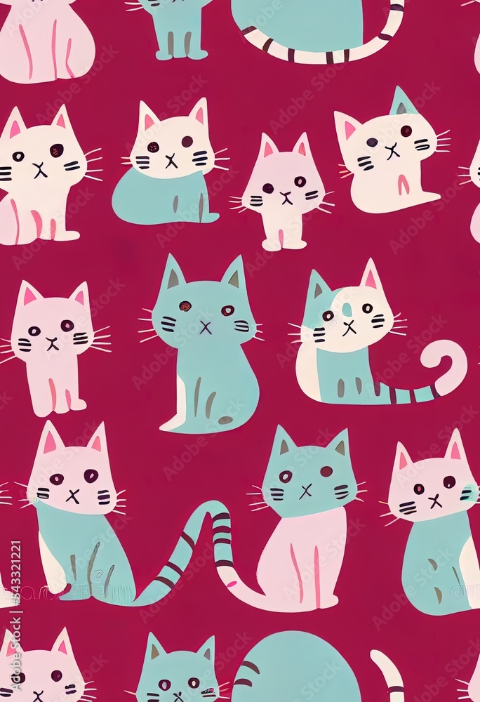Pink and white cat seamless pattern. Meow and cat paws background 2d illustrated illustration. Cute cartoon pastel character for nursery girl baby print. Pink and white cat seamless pattern. Meow and cat paws background 2d illustrated illustration. Cute cartoon pastel character for nursery girl baby print.
