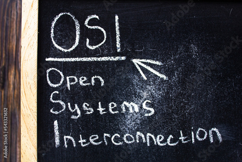 OSI Open Systems Interconnection - chalkboard text concept.