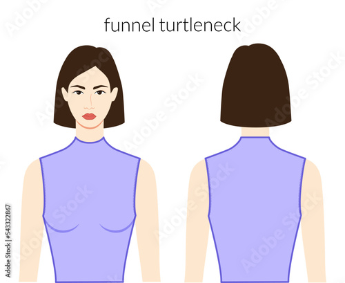 Funnel turtlenecks neckline clothes knits, sweaters character in lavander top, shirt, dress technical fashion illustration fitted. Flat apparel template front, back sides. Women, men unisex CAD mockup