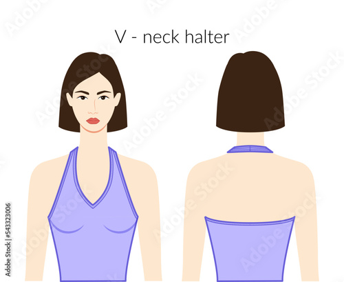 V - neckline halter clothes character beautiful lady in lavander top, shirt, dress technical fashion illustration with fitted body. Flat apparel template front, back side. Women, men unisex CAD mockup