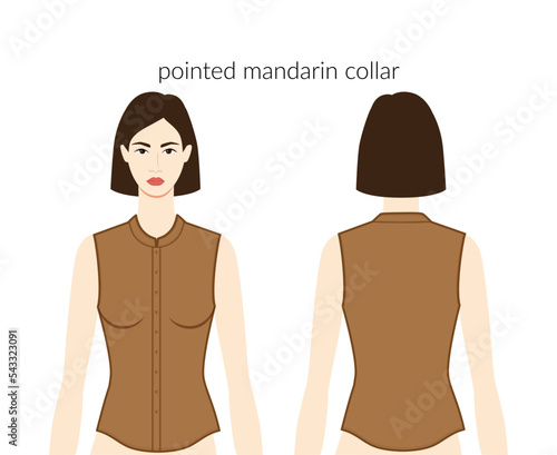 Pointed mandarin neckline collars, plackets clothes character beautiful lady in terracota top, shirt, dress technical fashion illustration. Flat apparel template front, back sides. Women, men unisex