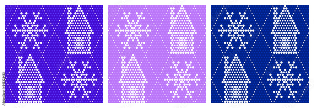 Fototapeta premium Seamless pattern with farm house, snowflakes and dotted texture. Each pattern is isolated. Winter seamless pattern for Christmas or New Year decoration, cover or other using. Vector illustration. Set.