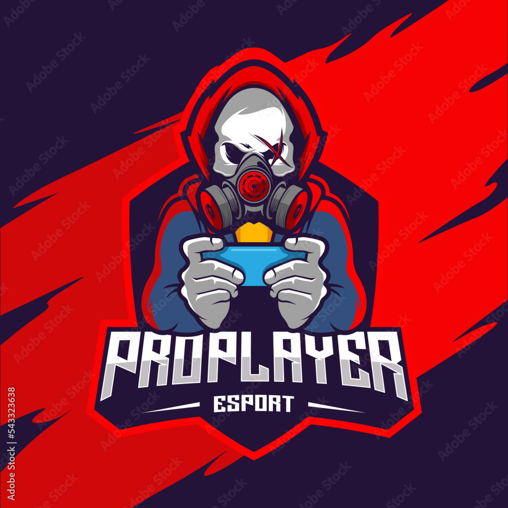 Pro player esport logo skull with gas mask using cellphone