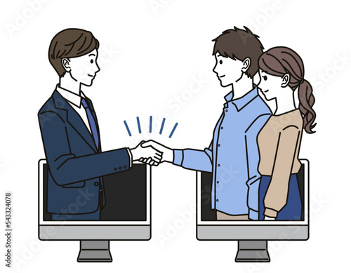 オンライン上で契約成立後握手する夫婦
