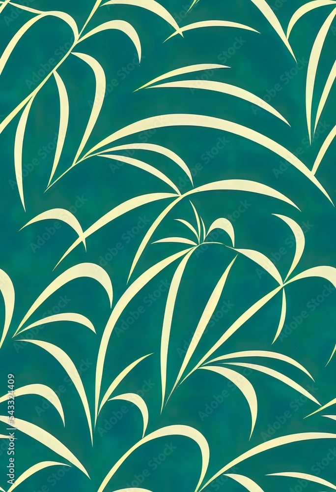 Summer seamless pattern design.Palm tree, surfboard, shark 2d illustrated print. neon green blue background