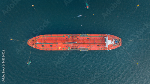 Top view Oil Crude Gas Tanker Ship, Cargo container Ship offshore mooring at Ocean Bay Petroleum Chemical export import transportation and logistics