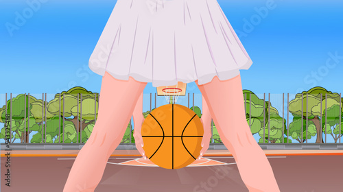 Vector illustration Girl in skirt holding ball between legs during street basketball game at outdoor court in front of hoop.