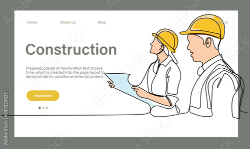 Vector landing page of architecture works with protective face masks for safety in machine industrial factory. Continuous one line drawing for your minimal design